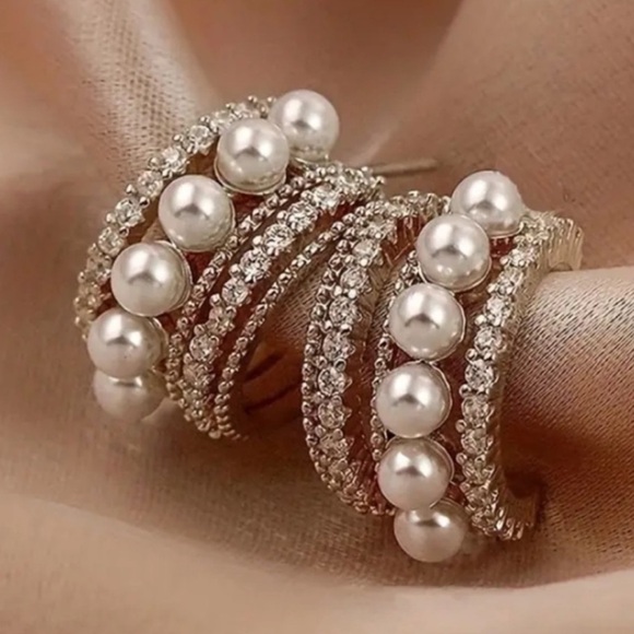 Ainsley Pearl Rhinestone Huggie Earrings - Picture 2 of 2